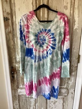 Lands' End Girl’s Tie-Dye Long Sleeve Dress in Pink, Blue & Green - XL Girl’s